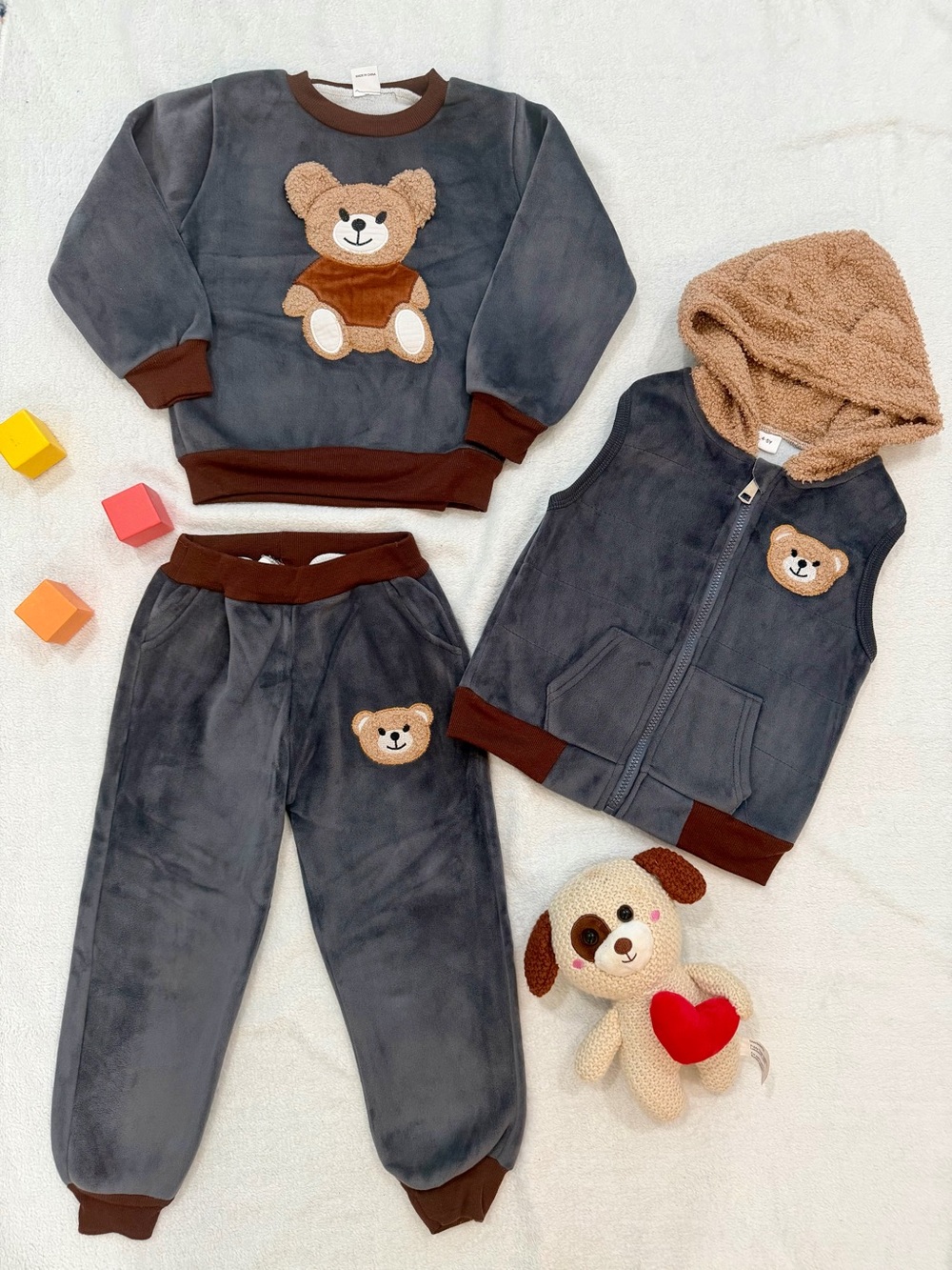 Toddler Plush Bear 3-Piece Set in Charcoal and Brown
